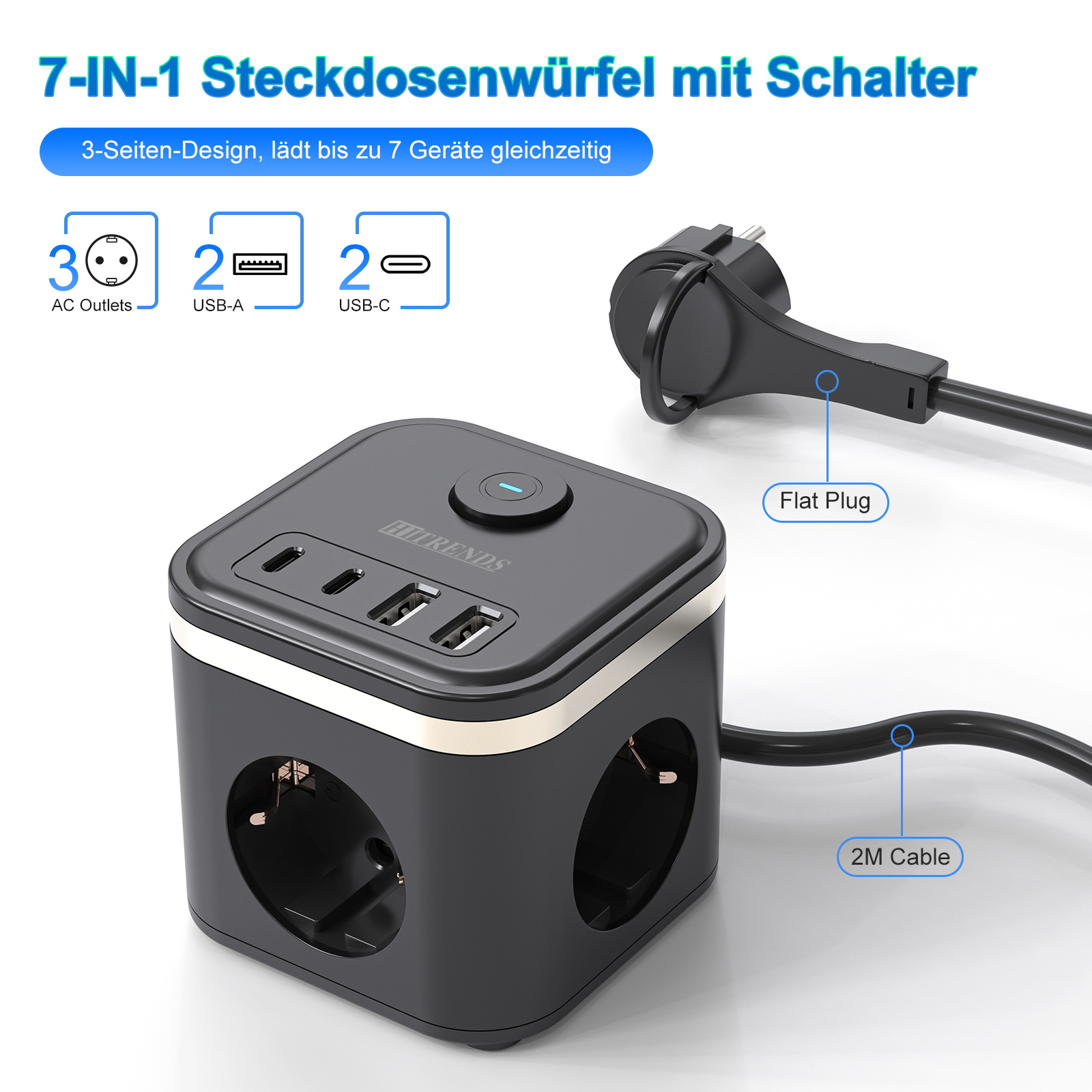 Power Strip Flat - Плоская вилка европейского стандарта, 3680 Вт,