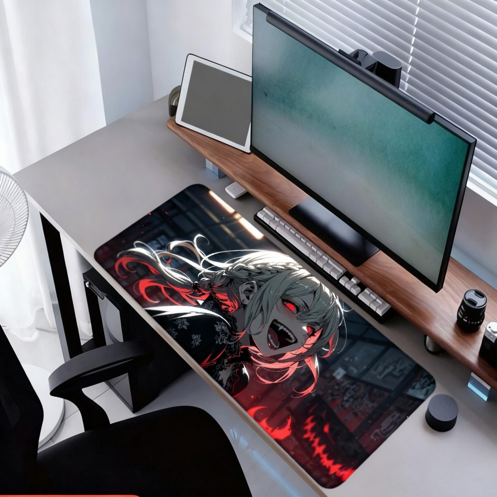 Desk Setup Red - Аниме-девушка с красными пламенями и темным